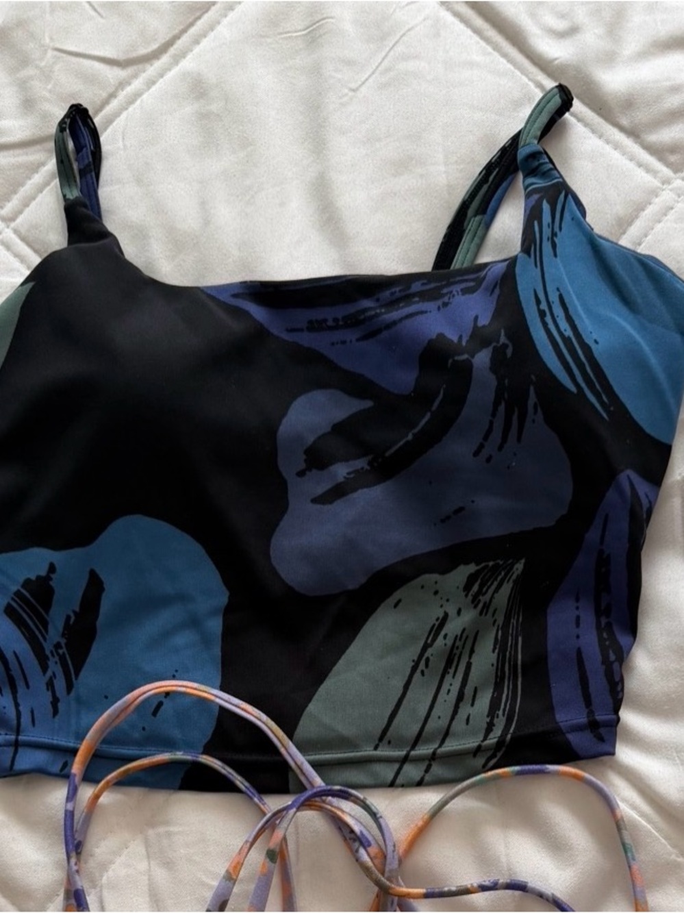 POP Fit Black Crop Tank with Blue & Teal Abstract Print